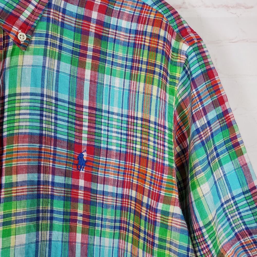 Ralph Lauren 100% Linen Shirt Mens XL Plaid Short Sleeve Button Down Multi Color - Picture 4 of 11